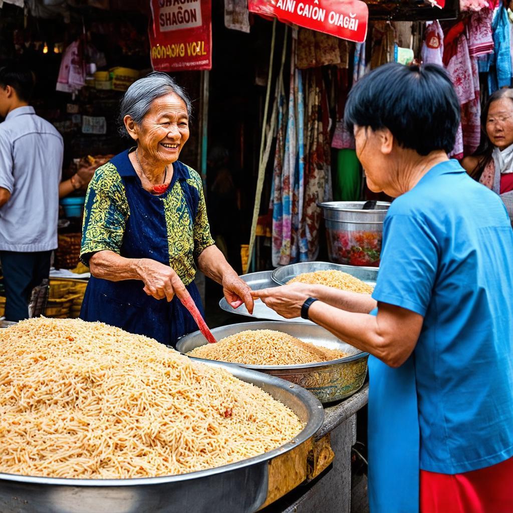 Cảnh người bán hàng thân thiện trò chuyện cùng khách tại một sạp trong Chợ Ông Địa.